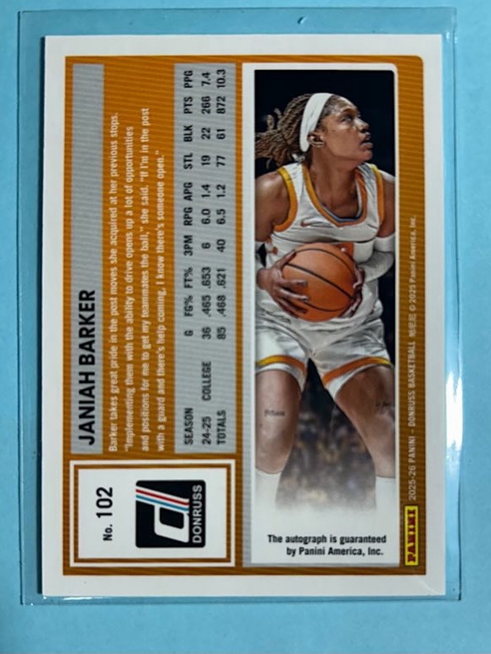 Janiah Barker, Tenn Vols ,Las Vegas Aces
2025-26 Donruss Autographed
Card #102 - Picture 2 of 2